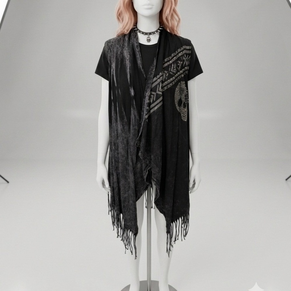 Vocal Womens Sleeveless Cardigan Skull Studded Fringe Acid Wash Black Size M